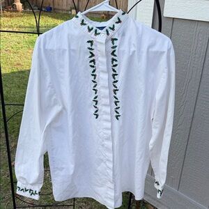 Karen Scott White Shirt with Green Embroidery